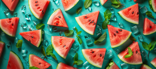 Watermelon bliss! Luscious pink slices drizzled with mint on a calming blue canvas. A burst of summer flavor for any occasion. Summer vibes for hot days. Perfect for picnics and poolside parties