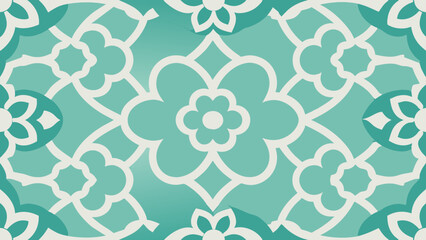The image displays a patterned wallpaper with a teal and white color scheme