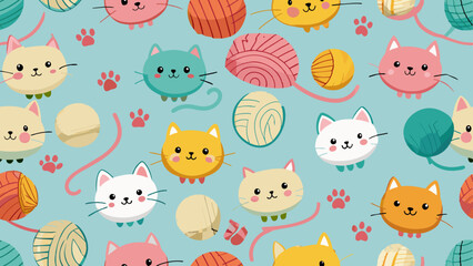The image displays a vibrant pattern featuring an array of cats and balls