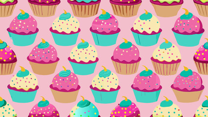 The image displays a repeating pattern of cupcakes on a pink background