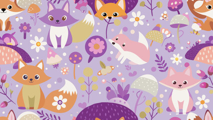 The image displays a vibrant and whimsical pattern featuring a variety of fox characters in different colors, such as purple, orange, pink, and white
