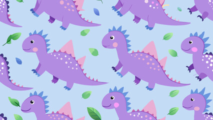 The image displays a pattern featuring purple dinosaurs with pink spikes on their backs and green leaves scattered throughout the background on a light blue surface