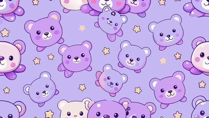Fototapeta premium The image features a vibrant and playful pattern with a purple background speckled with yellow stars. It is adorned with numerous cute, cartoon-style teddy bears in various shades of purple and pink
