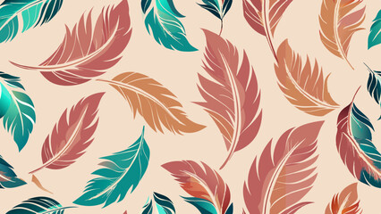 The image displays a pattern consisting of variously colored feathers arranged in a repeating design against a neutral background