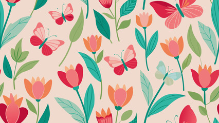 The image displays a repeating pattern of stylized flowers and leaves on a light background