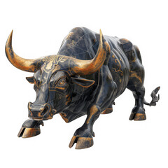 Intricate metal bull sculpture with gold accents against a white background, showcasing craftsmanship and artistic detail.