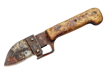 Old rustic saw blade knife with a wooden handle, covered in rust and wear, isolated on a white background for vintage or industrial theme.