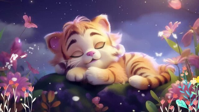 breathing animation, Animal lullaby cartoon sleeping on forest, looped video background