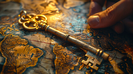 An ancient, ornate key lying on an old map, with detailed engravings and a mysterious aura