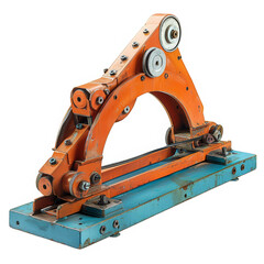 Vintage industrial machinery equipment with blue and orange details, isolated on white background. High-quality stock photo for engineering projects.
