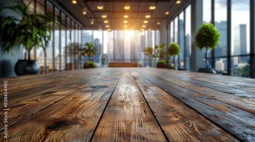 Aufkleber modern office background with wooden table and blurred window generative ai