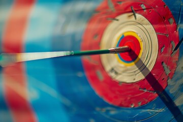 Dynamic Archery Shot with Arrow in Flight Hitting Bullseye on Olympic Target