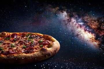 Cosmic Pizza: A Perfectly Baked Pizza Floating Against a Starry Night Sky - Powered by Adobe
