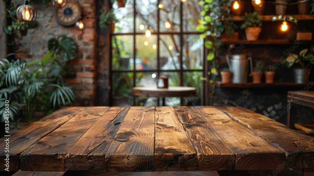 Aufkleber display space on wooden table with blurred cafe background generative ai