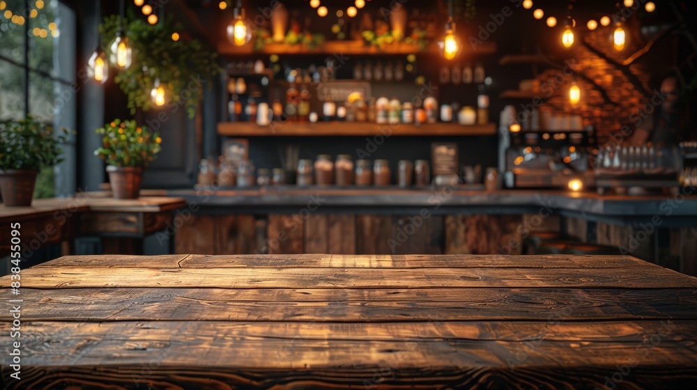 Aufkleber display space on wooden table with blurred cafe background generative ai