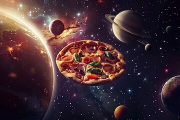Naklejka premium Floating Pizza in Space Among Planets and Stars - Creative Cosmic Food Concept for Design Projects