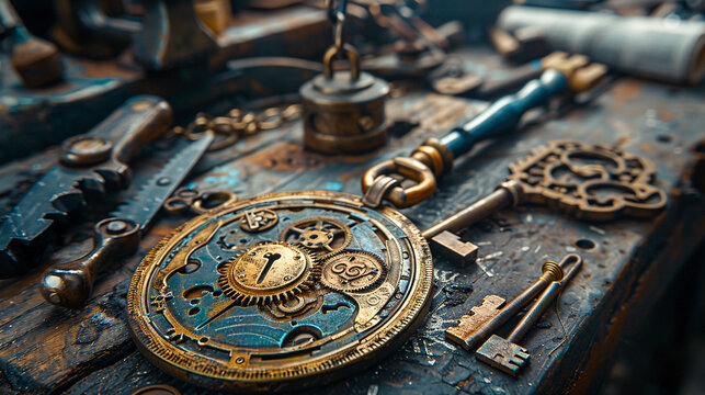 Keys with gears and brass elements