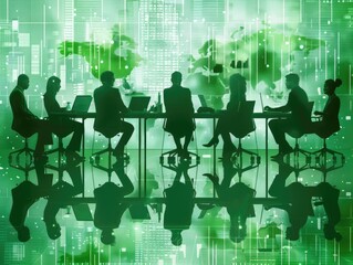 Illustration of a strategy meeting with professionals brainstorming, on a light green background