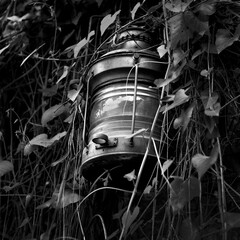 This black and white photograph features an antique lantern partially hidden among overgrown ivy...
