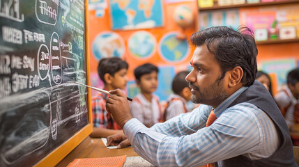 Engaged Indian Teacher Giving Lesson in Colorful Classroom Environment