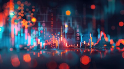 A blue and orange background with a lot of dots and lines finance graph