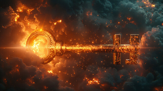 A surreal dreamscape where a key floats in the air, surrounded by swirling clouds and beams of light