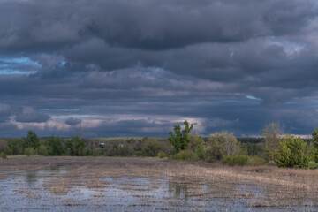 Shallow lake against background of approaching storm clouds. Natural landscape.