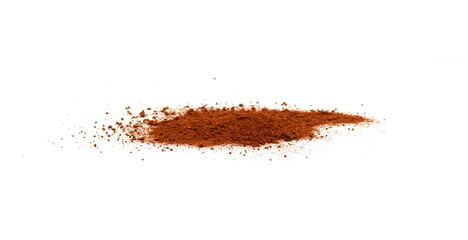 Pile of Red dirt (soil) on white. Heap of Red dry clay isolated on white background. Ochre, also...