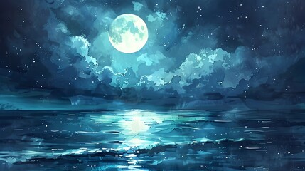 Mesmerizing Moonlit Ocean Landscape with Starry Sky Reflection