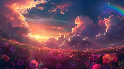 Naklejka premium Mesmerizing Sunset Landscape with Vibrant Clouds and Blooming Flowers