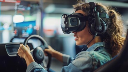 Virtual reality driving test woman in simulator controls car with steering wheel in classroom