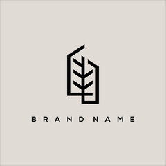 line art house building leaf shape vector logo