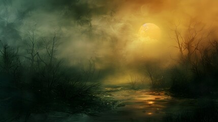 Fototapeta premium Moody Atmospheric Landscape with Dramatic Sunset Reflection in Misty Forest River