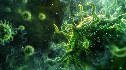 Fototapeta premium virus simulation at high magnification, long narrow panoramic view, cellular structure, chlorophyll, fictional graphics, micro level, in green