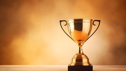 Champion golden trophy, Tournament Gold Cup. Golden award trophy in all its glory. A golden trophy is on gold foil on a wooden background.