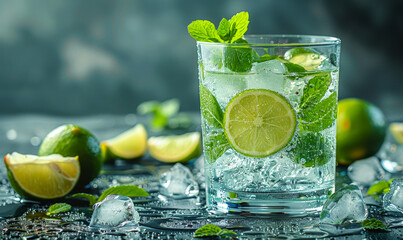 Fototapeta premium Refreshing Gin and Tonic with Mint, Lime Wedges, and Ice Cubes on Grey Background for Summer Cocktails