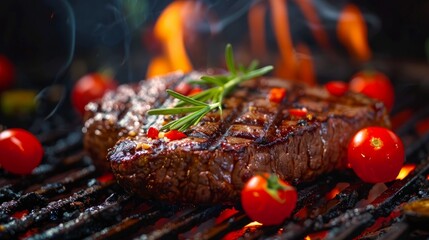 Grilled BBQ steak served with a variety of vegetables.

