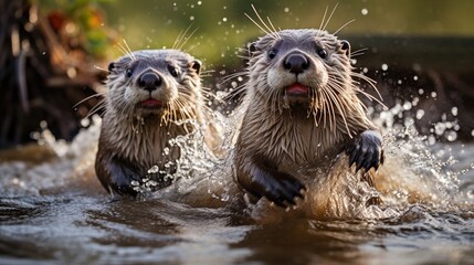 Playful otters frolicking in a river, chasing each other through the water  