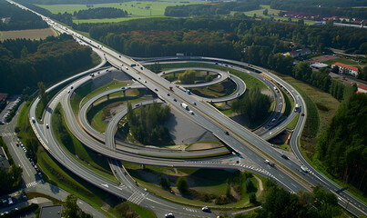 Elevated view of a highway cloverleaf interchange, showcasing the geometric beauty of intersecting roads and overpasses. aerial view of highway