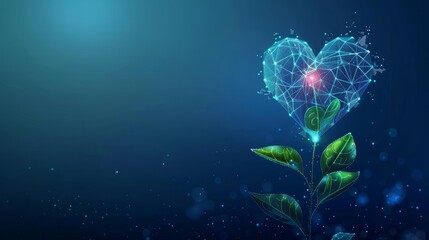 A futuristic low-poly illustration of a heart-shaped flower with green leaves on a dark blue background.

