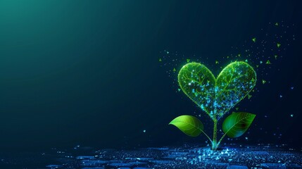 A futuristic low-poly illustration of a heart-shaped flower with green leaves on a dark blue background.

