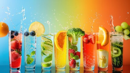 Fototapeta premium A creative collage featuring glasses of water with fruits, vegetables, and junk food on a multicolored background.