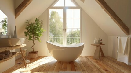 Chic attic bathroom featuring a stylish bathtub, wooden floors, and a balcony door.

