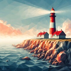 Coast landscape with a lighthouse, low-poly art style