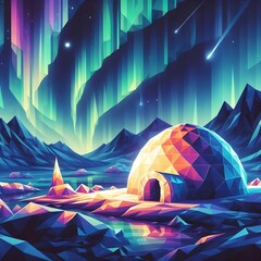 Arctic landscape with an iglo and northern lights, low-poly art style
