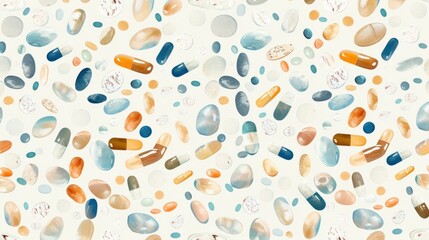Seamless vintage pattern of pills and capsules on a white background.

