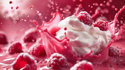 Dynamic Splash of Creamy Yogurt with Fresh Raspberries on a Vibrant Background for Poster or Design