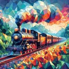 A vintage steam train riding through nature, low-poly art style