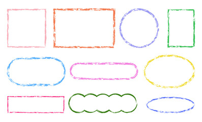 Set of hand-drawn crayon frames. Colorful, various shapes, vector collection. Square, circle doodle.