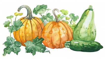 Watercolor illustration of pumpkins and zucchinis in a garden setting.


